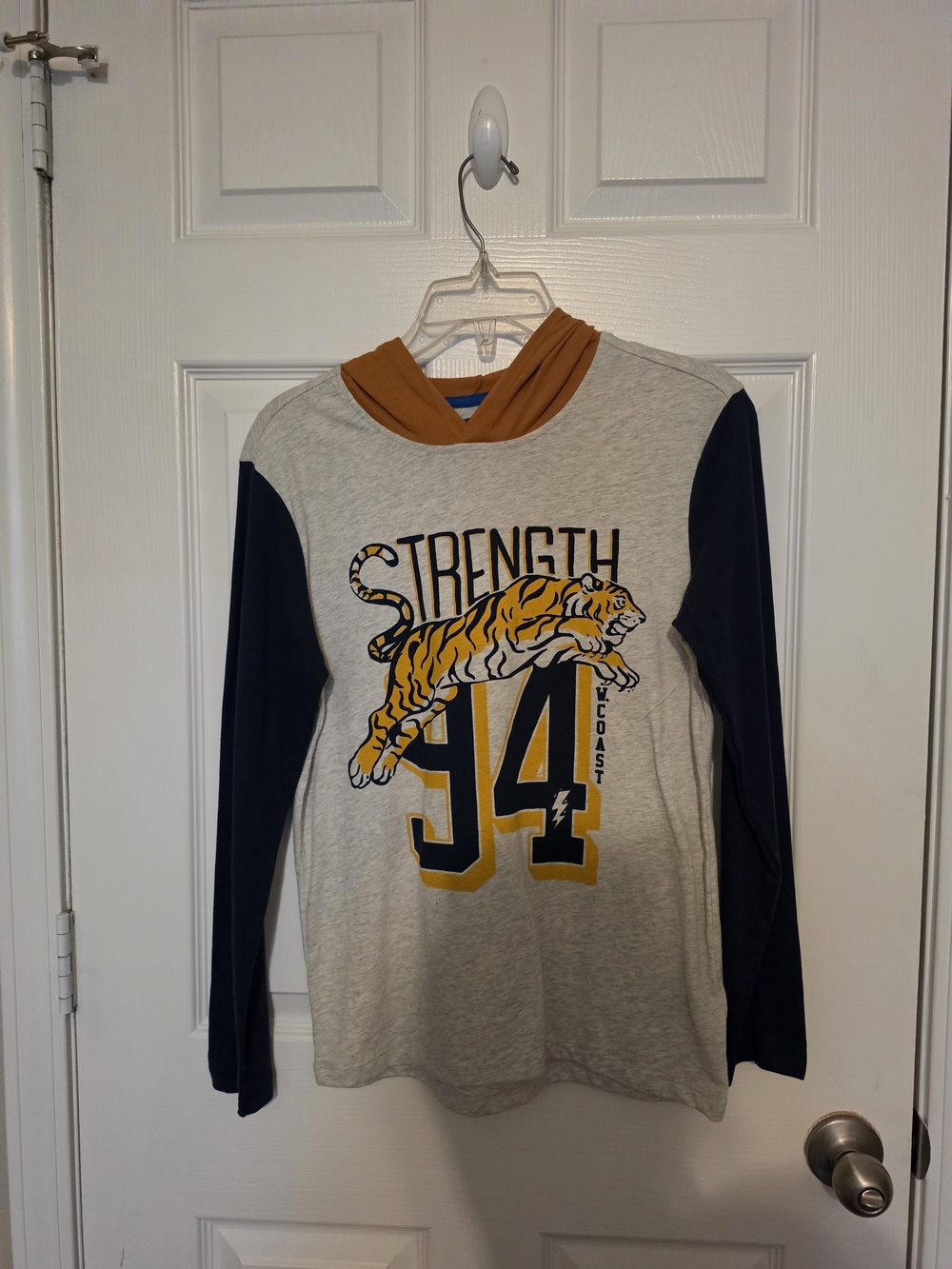 Old Navy Boys' Tiger 'Strength 94' Hooded Long Sleeve Tee - Navy, Gray & Mustard